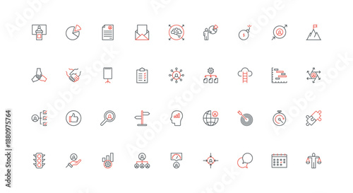 Corporate organization of company, business process management line icon set. Planning training and events, communication and hierarchy structure thin black and red outline symbols vector illustration
