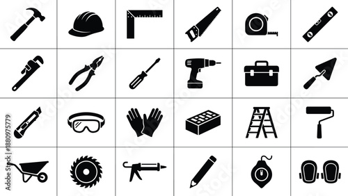 Black silhouette vector icon set of construction tools and equipment for home repair renovation and handyman graphic design projects