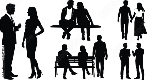 Black silhouette vector set of people standing walking and sitting on bench including couples and business men for lifestyle design