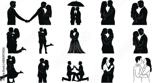 Black silhouette vector collection of romantic couples kissing hugging and proposing for wedding and valentine day graphic design