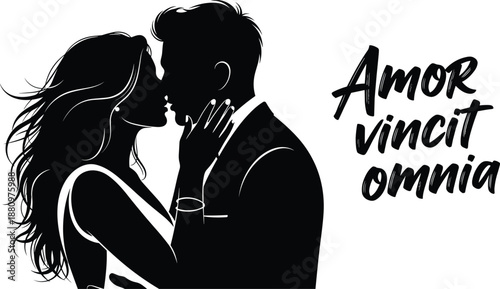 Romantic black silhouette vector of couple kissing with Amor Vincit Omnia Latin quote text for valentine day design