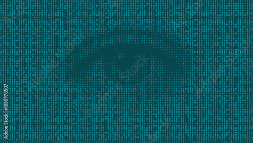 Glowing digital eye rendered in teal binary numbers