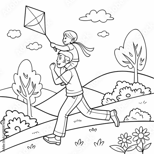 Storybook Style Father and Child Kite Flying Coloring Book