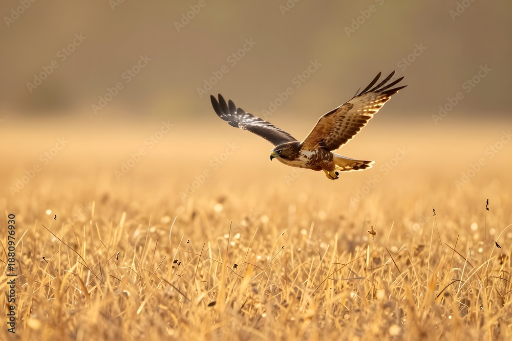 Fototapeta premium Majestic Hawk Soaring Over Golden Field During Late Afternoon Light in Natural Landscape