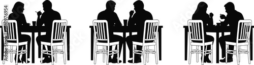 WebBlack silhouette vector set of people sitting at restaurant tables eating dinner and drinking coffee for menu graphic design