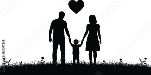 Black silhouette vector of happy family holding hands with child under heart shape on grass for love and parenting design