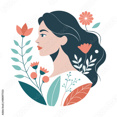 Empowered woman profile silhouette integrated with artistic floral elements for female strength logo