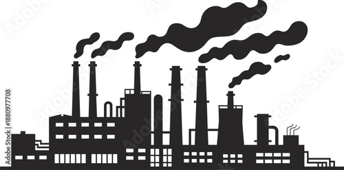 Industrial factory silhouette with smoke pollution, power plant emission concept icon, manufacturing industry skyline, black vector illustration.