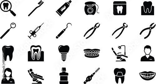 Black and white dental care glyph icons set illustrating dentist tools hygiene products and orthodontics for medical healthcare graphic design projects