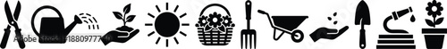 Black silhouette gardening icon set features farming tools plants and agriculture equipment for horticulture and nature graphic design projects