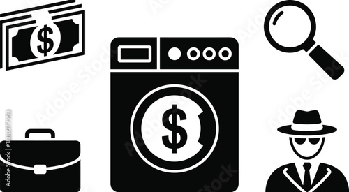 Money laundering concept icons, washing machine dollar symbol with cash, detective, briefcase and magnifier, financial crime illustration vector