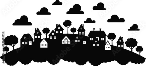 Village landscape silhouette, town houses on hill, trees and clouds, countryside skyline, black vector illustration, rural community scene