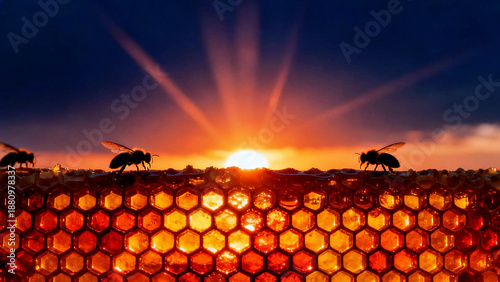 Bees perched on honeycomb, sun setting in background