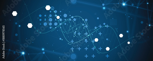 Futuristic  medical and science background, DNA strands, connected neural web