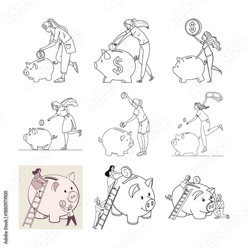Financial Planning Illustration: This illustration depicts various scenes of individuals interacting with piggy banks, symbolizing savings, financial planning, and the accumulation of wealth.