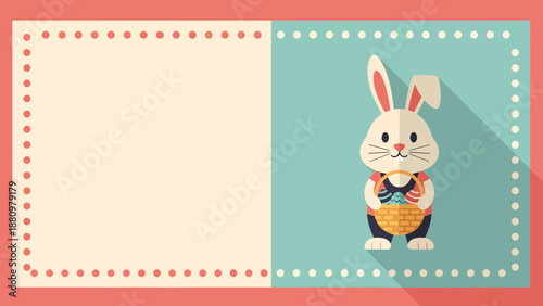 Blank Easter Monday card with cute rabbit holding egg basket and festive dotted border. This versatile Easter Monday card provides space for personalized greetings, announcements.
