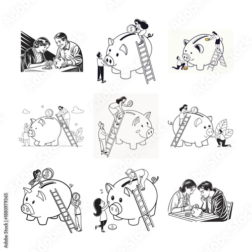 Financial Growth Illustration: An illustrative collage about saving money with a diverse array of images featuring money box and people interacting with it in various scenarios