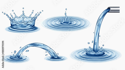 Water splashing, flowing from faucet, creating ripples and splashes in various dynamic motions and fluid shapes