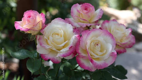 Delicate Pink and White Roses in Full Bloom with Lush Green Foliage in a Bright Garden Setting