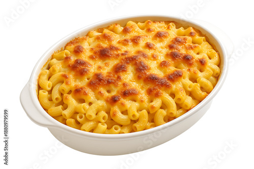 Delicious golden baked macaroni and cheese in a white dish on transparent background