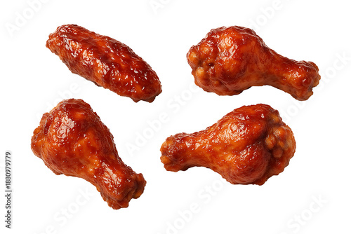 Four delicious buffalo wings beautifully glazed and isolated on transparent background