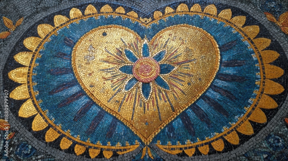 Obraz premium Vibrant Heart Mosaic with Golden and Blue Tiles in Intricate Design Inspired by Artistic Floor Decor