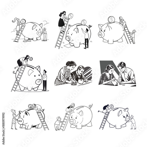 Financial Piggy Bank: Depicting financial planning and wealth accumulation, this illustration features people interacting with piggy banks, symbolizing savings, investments, and financial security.