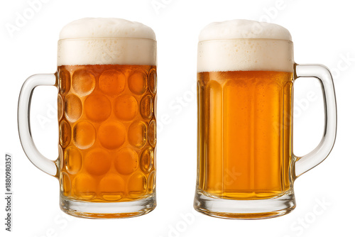 Two full beer mugs with foamy heads side view isolated on transparent background