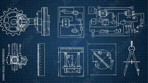 Technical drawings and diagrams of mechanical components and tools displayed on a blue grid background, showcasing engineering designs and blueprints from an overhead viewpoint