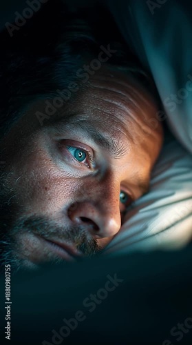 Stressed man suffering from insomnia lying in bed looking at mobile phone at night
