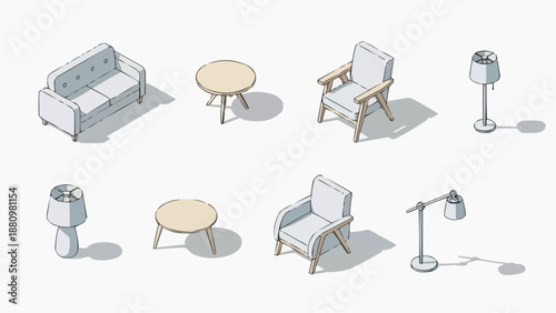 Illustration of modern furniture pieces including sofas, chairs, tables, and lamps arranged in a flat design style.