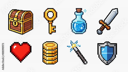 A collection of pixelated game icons, featuring treasure chest, key, potion, sword, heart, coins, magic wand, shield, arranged neatly with clean lines and vibrant colors.