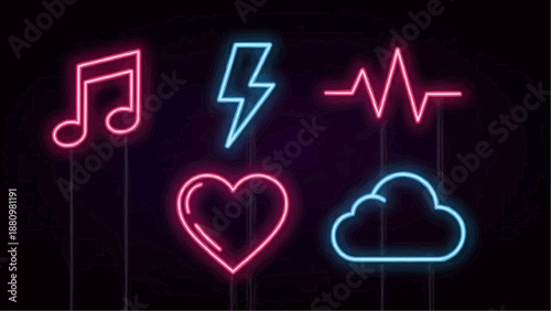Neon icons representing music, energy, love, and weather displayed on stands against a dark background from a straightforward viewpoint