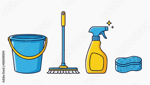 Cleaning tools and supplies arranged neatly on a floor, viewed from directly above, including a bucket, mop, spray bottle, and sponge.