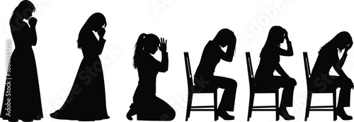 Black silhouette collection of women praying and mourning, female figures kneeling and sitting in grief, vector illustration isolated on white background, SEO.