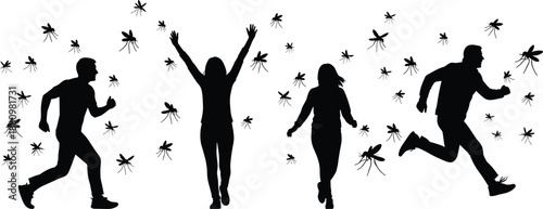 Black silhouette set of people running away from mosquitoes, men and women being chased by flying insects, vector illustration isolated on white background.