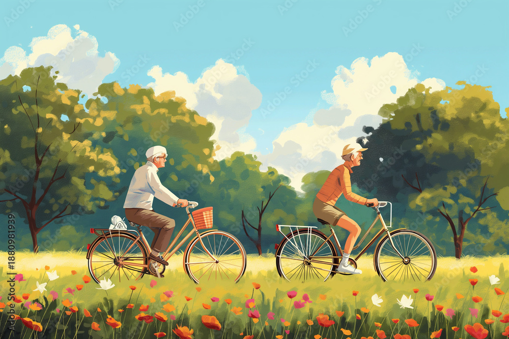 Obraz premium Happy Senior Couple Riding Bicycles Through a Sunlit Summer Park Illustration