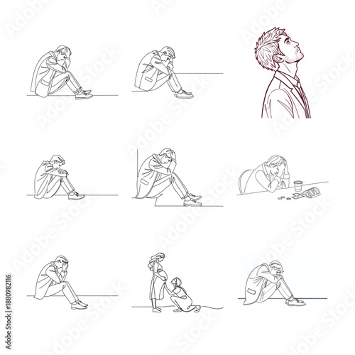 Silent Struggles: A collection of evocative line drawings of person experiencing loneliness, sadness and reflecting on thoughts.