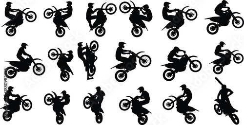 Large set of black vector silhouettes of motocross riders performing extreme stunts, jumps and tricks, isolated on white background for sports design