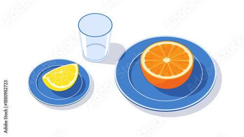 Isometric citrus slice on blue plates with glass