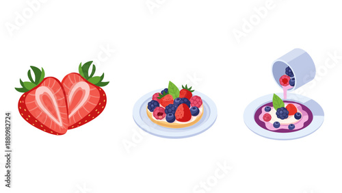 Berry delight: fresh strawberries, mixed berry pancakes, and creamy yogurt
