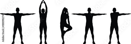 Set of black vector silhouettes of people doing fitness exercises, stretching arms and legs, warming up for workout, isolated on white background.