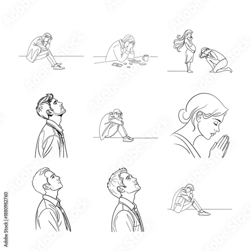 Emotional States and Contemplation: Captivating line art depicts individuals lost in thought, experiencing moments of contemplation, sadness, and prayer.