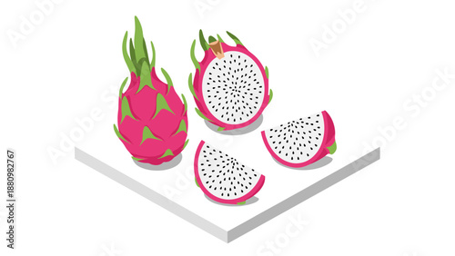 Isometric dragon fruit illustration: vibrant pink and white sliced exotic tropical fruit