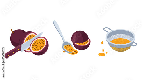 Fresh passion fruit preparation scene with knife spoon and strainer