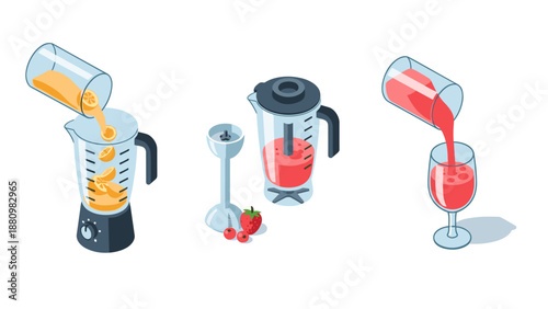 Isometric kitchen blenders with fresh juice and fruits
