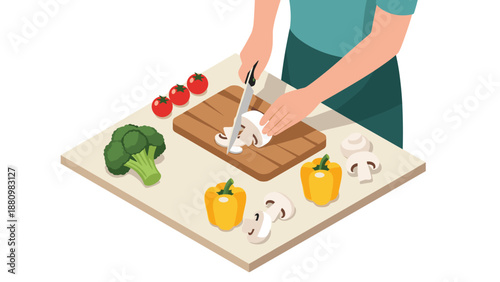 Isometric chef preparing fresh vegetables on cutting board in modern kitchen setting