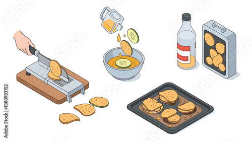 Isometric guide for making homemade potato chips: slicing, cooking, serving techniques