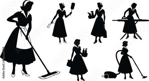 Set of black vector silhouettes of vintage housewife in retro dress and apron performing cleaning chores like mopping, ironing and vacuuming.