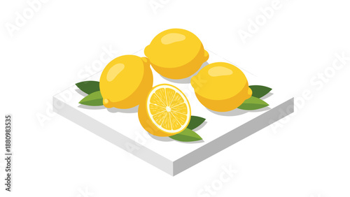 Fresh whole and sliced lemons with leaves on white surface in isometric style